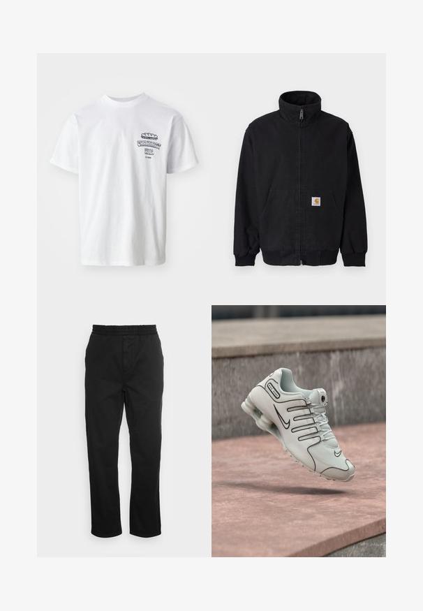 Zwarte jas met rits en hoge kraag, geribbelde manchetten en zoom, met een voorkantzak en een klein logoplaatje aan de linkerkant.; Witte katoenen t-shirt met korte mouwen, ronde hals en een grafische print met de tekst "Carhartt WIP" en een voedselillustratie op de borst.; Zwarte katoenen broeken met een elastische tailleband, rechte pijpen en zijzakken. Zachte textuur zonder patronen of accenten.; Witte Nike Shox sneaker met zwart logo en dempende zool, zwevend boven een roze betonnen oppervlak.