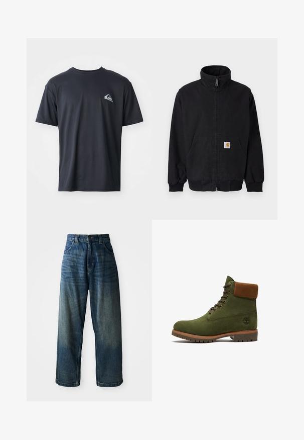 Schwarze Jacke mit Reißverschluss, hohem Kragen, gerippten Bündchen und Saum, mit einer Fronttasche und einem kleinen Logo-Patch auf der linken Seite.; Schwarzes T-Shirt mit kurzen Ärmeln aus einem glatten Stoff, mit einem kleinen weißen Logo auf der linken Brustseite. Reguläre Passform mit Rundhalsausschnitt.; Weite blaue Denim-Jeans mit einem verwaschenen Finish. Verfügt über fünf Taschen, einen Knopfverschluss und kontrastierende Nähte. Schwergewichtiges Material.; Grüner Wildleder-Schnürstiefel mit braun gepolstertem Kragen, robuster Sohle und Timberland-Logo an der Seite.