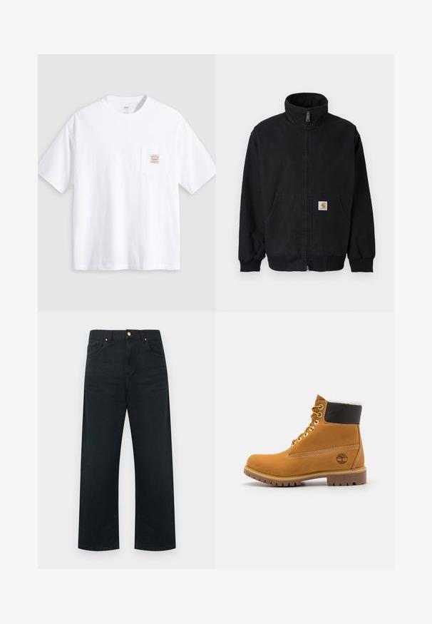 Zwarte jas met rits en hoge kraag, geribbelde manchetten en zoom, met een voorkantzak en een klein logoplaatje aan de linkerkant.; Witte T-shirt met korte mouwen en ronde hals, met een klein borstzakje aan de voorkant met een beige en rood rechthoekig label.; Zwarte, wijd uitlopende broek van denim, met een vijfzakkenontwerp, gouden beslag en een nette afwerking aan de tailleband en zoom.; Bruine leren enkellaars met metalen oogjes, witte faux bont voering, zwarte gewatteerde kraag, robuuste zool en een reliëflogo aan de zijkant.