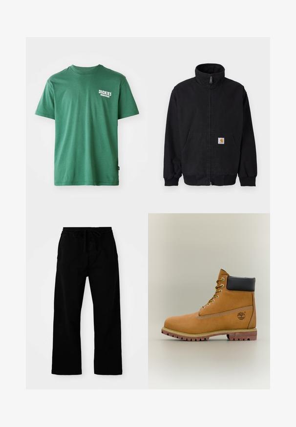 Schwarze Jacke mit Reißverschluss, hohem Kragen, gerippten Bündchen und Saum, mit einer Fronttasche und einem kleinen Logo-Patch auf der linken Seite.; Grünes Baumwoll-T-Shirt mit rundem Halsausschnitt, kurzen Ärmeln und einem weißen Logo auf der linken Brust. Glatte Textur und entspannte Passform.; Schwarze, elastische Hosen mit verstellbarem Kordelzug, weitem Bein und glatter Baumwollstruktur. Keine sichtbaren Muster oder Hardware-Details.; Brauner Leder-Stiefelette mit schwarzem Kragen, gelben Schnürsenkeln und hellbrauner Sohle. Verfügt über ein Logo und weiße Ziernähe. Robuste Profilsohle.