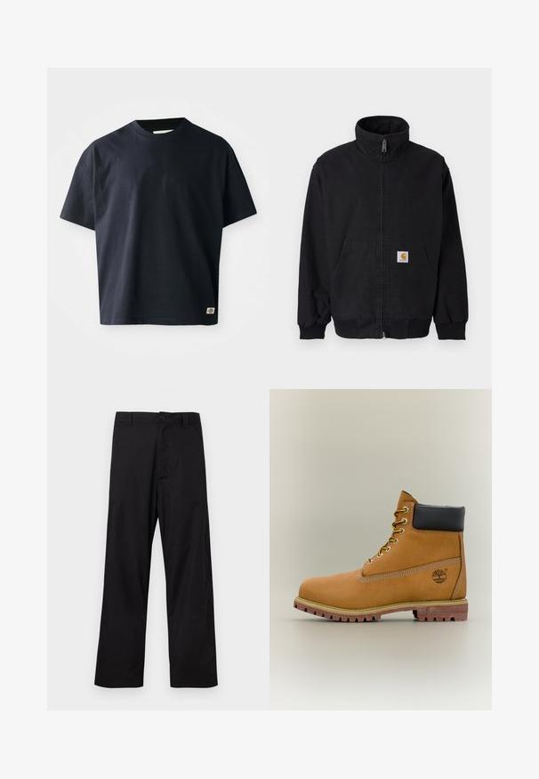 Sort lynlåsjakke med høj krave, ribstrikkede manchetter og kant, med en forlomme og et lille logo på venstre side.; Marineblå kortærmet T-shirt med rund hals og et lille rektangulært brandlogo nær den nederste søm på forsiden til højre.; Sorte bukser med lige ben, knap- og lynlåslukning, bæltestropper, lagt fladt på en lys baggrund.; Brun læderankelstøvle med sort krave, gule snørebånd og tanfarvet sål. Har logo og hvide syninger som detalje. Robust ydersål med greb.