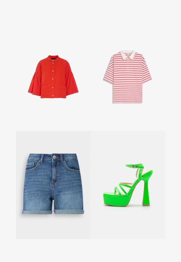 Rood blousejasje met brede driekwart mouwen, staande kraag en twee voorzakken tegen een witte achtergrond.; Polo met korte mouwen, witte kraag en horizontale rode strepen op een lichtroze achtergrond.; Blauwe denimshorts met omgeslagen zomen, vooraan knoop- en ritssluiting, taillebandlussen en voor- en muntzakken.; RAID MISHKA - Sandalen met hoge hak - green