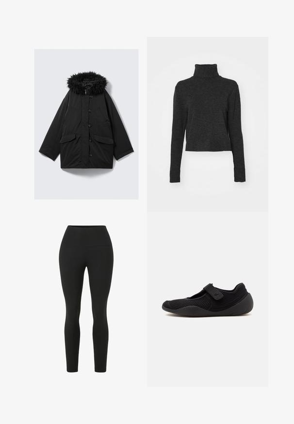 Sort polstret jakke med en hætte beklædt med kunstpels, store frontknapper og to forlommer. Smidig design med en løs pasform og glat overflade.; Sort cropped turtlenektrøje i et blødt, struktureret stof med lange ærmer og ribbede detaljer ved kraven og kanten.; Sorte leggings med høj talje. Lavet af strækbart stof, der har en glat tekstur og en tætsiddende silhuet uden synlige sømme.; Sort Mary Jane-stil sko med åndbart mesh-stof, justerbar rem og afrundet sål for komfortabel hverdagsbrug.