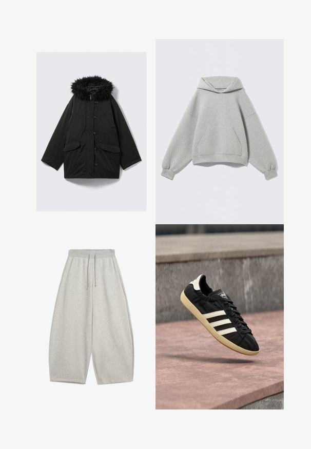 Zwarte gewatteerde jas met een faux fur gevoerde capuchon, grote voorknop en twee voorzakken. Casual ontwerp met een losse pasvorm en een gladde textuur.; Lichtgrijze oversized hoodie met een voorzak in kangaroestijl, geribde boorden en een gevouwen capuchon, afgebeeld tegen een effen achtergrond.; Lichtgrijze wijde sweatpants met elastische tailleband en trekkoord, voorzien van zijzakken en een ontspannen pasvorm.; Zwarte Adidas sneaker met witte strepen en beige zool, vastgelegd in de lucht boven een stenen oppervlak en een stenen muur op de achtergrond.