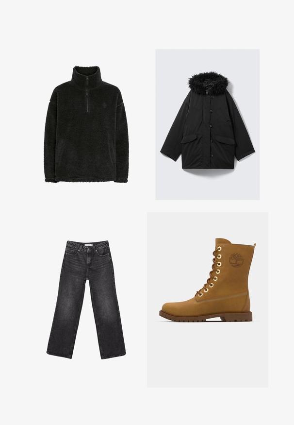 Sort polstret jakke med en hætte beklædt med kunstpels, store frontknapper og to forlommer. Smidig design med en løs pasform og glat overflade.; Sort fleece pullover med en lynlås krave, blød, struktureret overflade og en afslappet pasform. Har syninger langs kanten og ærmerne.; Sorte jeans med vide ben, forlommer og knaplukning, størrelsesmærke 38 synligt på taljen.; Brune læder snørestøvle med guld øjer, polstret krave, tekstureret sål og præget logo detalje på siden.