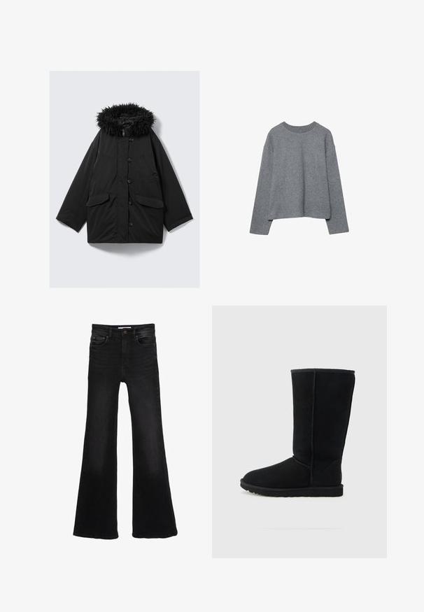 Sort polstret jakke med en hætte beklædt med kunstpels, store frontknapper og to forlommer. Smidig design med en løs pasform og glat overflade.; Grå cropped sweater lavet af blødt strikket stof, med ribbet crew-neck og lange ærmer, i en afslappet pasform og minimal detaljering.; Sorte højtaljede denimjeans med brede, udvidede ben, knaplukning foran, lynlås og fem-lomme-stil.; Sort ruskind midt på læggen støvle med rundet tå, tekstureret overflade, synlige sømme og gummisål. Klassisk design uden pynt.