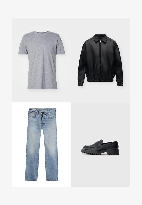 Schwarze Bomberjacke aus Kunstleder mit Frontreißverschluss, Kragen, elastischen Bündchen und elastischem Bund auf hellem, einfachem Hintergrund.; Graues, kurzärmliges T-Shirt aus einem Baumwollmischgewebe, das über einen klassischen Rundkragen verfügt und eine glatte, weiche Textur aufweist.; Helle blaue Jeans mit geradem Bein, ausgestattet mit einem Knopfverschluss, einem Fünf-Taschen-Design und einem ausgewaschenen Effekt an den Oberschenkeln.; Schwarze Leder-Loafer mit abgerundeter Schuhspitze, ausgestattet mit einem dekorativen Riemen und einer robusten Gummisohle mit tiefem Profil für besseren Halt.