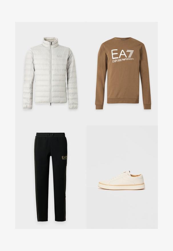 Hellgraue gesteppte Jacke mit komplettem Frontreißverschluss, Stehkragen, elastischen Bündchen und dezentem Logo auf der Brust.; Braunes Sweatshirt mit langen Ärmeln und weißem "EA7 Emporio Armani"-Logo auf der Vorderseite, mit Rundhalsausschnitt und gerippten Bündchen.; Schwarze Jogginghosen mit schmalem Schnitt, elastischem Bund mit Kordelzug und goldenen Akzentstreifen an den Seiten sowie einem Logo.; Weiße Leder-Sneaker mit runder Zehenpartie, einfachem Schnürdesign, gepolstertem Innenfutter und einer kontrastierenden Gummisohle in Tan. Gleiche glatte Textur über die gesamte Oberfläche.