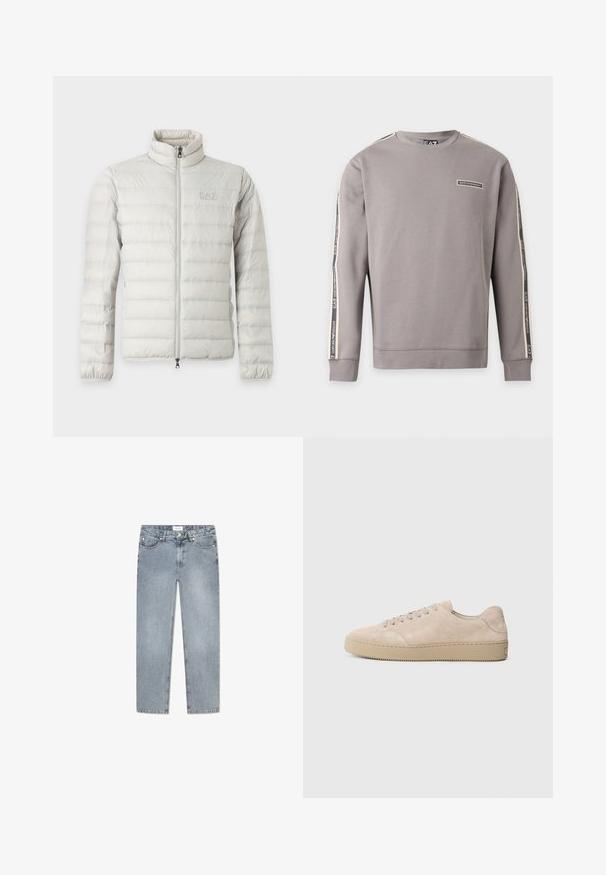 Lysegrå quiltet jakke med fuld lynlås foran, stående krave, elastiske manchetter og diskret logo på brystet.; Langærmet grå sweatshirt med EA7 Emporio Armani-logo på brystet og mærkede striber ned langs ærmerne.; Lyseblå denimjeans med lige pasform, fem-pocket design, knaplukning, subtilt slid og syet detaljer langs lommerne.; Beige ruskinds sneaker med en rund tå, flade snørebånd og en tekstureret gummisål. Minimalistisk design med glatte kanter og diskret syning.