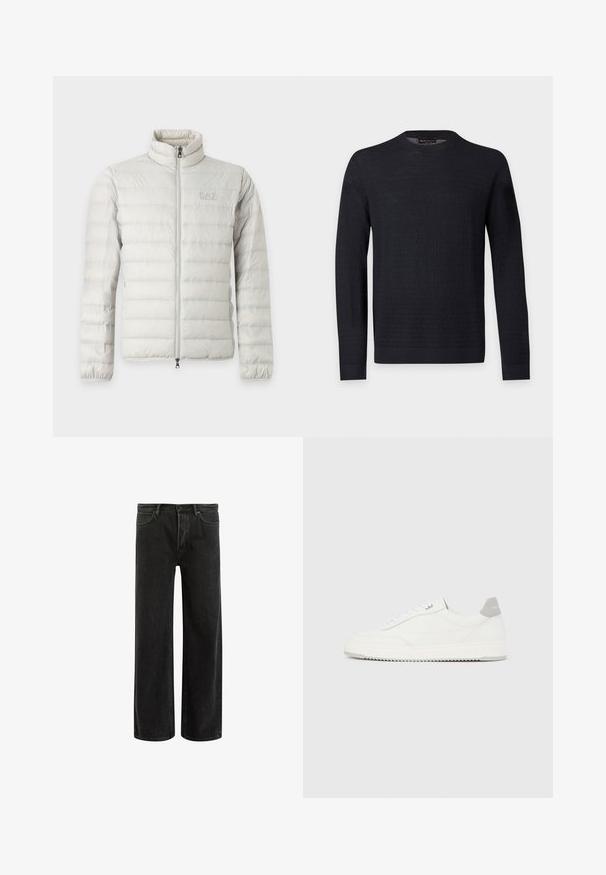 Lysegrå quiltet jakke med fuld lynlås foran, stående krave, elastiske manchetter og diskret logo på brystet.; Sort langærmet crewneck sweater med subtilt tekstureret mønster, ribkantede ærmeafslutninger og kant, vist på en ensartet lys grå baggrund.; Sorte denim bredde ben jeans med høj talje, med klassisk fem-lomme design og subtil falmning for et tekstureret udseende.; Hvid lavtop-sneaker med gråt hælflig, hvide snørebånd og tekstureret sål, vist på en ensfarvet lys baggrund.