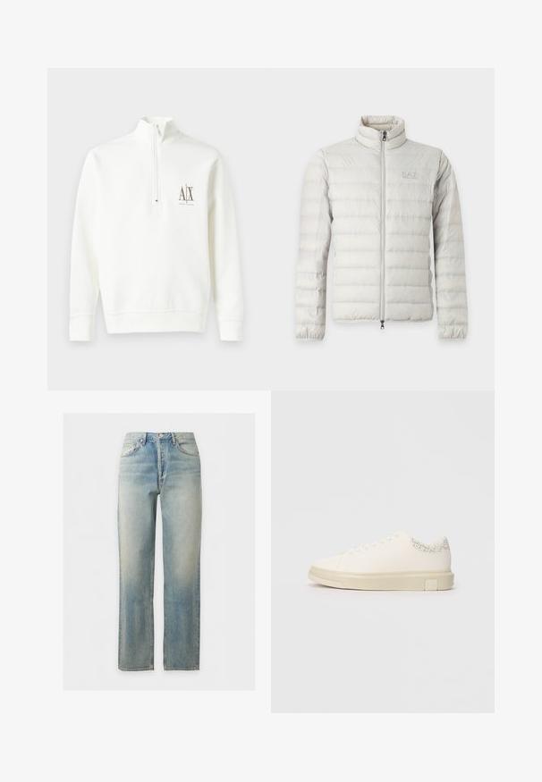 Veste matelassée gris clair avec fermeture éclair intégrale devant, col montant, poignets élastiques et logo discret sur la poitrine.; Sweat-shirt blanc à zip, fabriqué en tissu doux. Il présente un petit logo marron sur la poitrine gauche et un ourlet et des poignets côtelés.; Jean en denim délavé bleu clair avec coupe droite, fermeture à boutons et zip sur le devant, et design cinq poches.; Sneaker blanc avec une tige en toile lisse, des lacets plats, un col rembourré et un accent gris texturé à l'arrière. Semelle en caoutchouc épaisse.