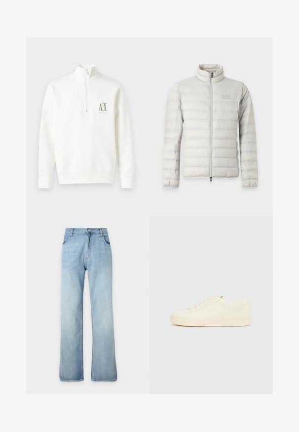Lysegrå quiltet jakke med fuld lynlås foran, stående krave, elastiske manchetter og diskret logo på brystet.; Hvid zip-neck sweatshirt lavet af blødt stof. Har et lille logo på venstre bryst i brun farve samt ribbede kanter og ærmer.; Lyseblå straight-leg denimjeans med forreste knap- og lynlåslukning, forlommer og bæltestropper, vist mod en ensfarvet baggrund.; Sneaker i cremefarve med en glat læderoverdel, rundet tå, snørelukning foran og en tekstureret gummisål. Minimalistisk design uden logoer.
