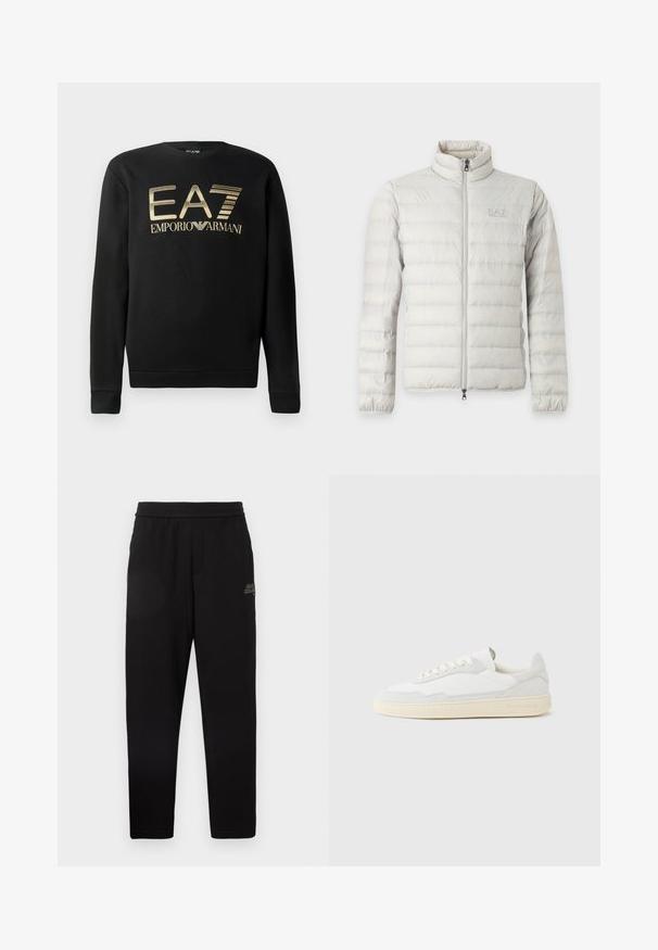 Chaqueta acolchada de color gris claro con cremallera completa en la parte delantera, cuello alto, puños elásticos y logo sutil en el pecho.; Sudadera negra con cuello redondo, que presenta el logo dorado de EA7 Emporio Armani en el pecho. Tejido suave con puños y dobladillo acanalados.; Pantalones de chándal negros ajustados con cinturilla elástica y pequeño logotipo impreso en el muslo izquierdo superior.; Zapatilla blanca con parte superior texturizada de ante y cuero. Presenta una puntera redondeada, cierre con cordones y suela de goma beige contrastante.