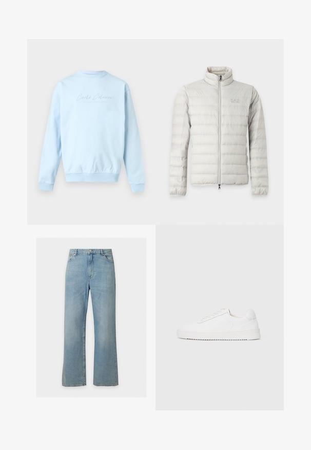 Veste matelassée gris clair avec fermeture éclair intégrale devant, col montant, poignets élastiques et logo discret sur la poitrine.; Sweat-shirt bleu clair à col rond, manches longues avec le texte "Carlo Colucci" subtilement brodé sur la poitrine.; Jean en denim bleu clair à jambe droite avec poches avant, passants de ceinture et fermeture par bouton, présenté sur un fond uni.; Sneaker blanc avec une tige en cuir lisse, bout rond, lacets, accents latéraux texturés et une épaisse semelle en caoutchouc. Design minimaliste.