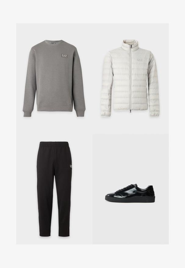 Veste matelassée gris clair avec fermeture éclair intégrale devant, col montant, poignets élastiques et logo discret sur la poitrine.; Sweat-shirt gris à manches longues avec col rond, poignets et ourlet côtelés, comportant un petit patch logo EA7 Emporio Armani sur la partie supérieure gauche de la poitrine.; Pantalon de survêtement noir à taille élastique, jambes fuselées, avec un petit logo blanc sur la partie supérieure de la cuisse gauche.; Baskets en cuir verni noir avec un bout arrondi, un laçage, une semelle en caoutchouc texturé et une finition lisse.