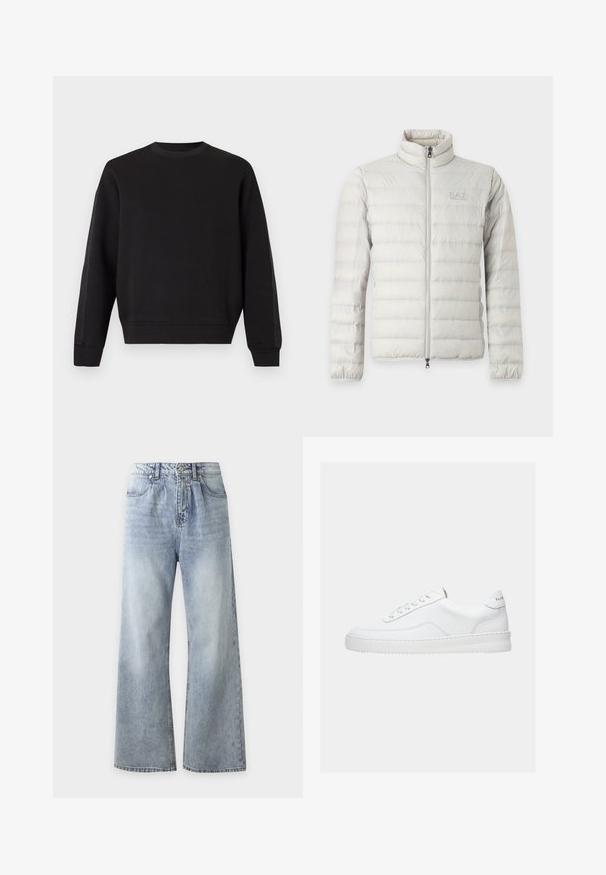 Veste matelassée gris clair avec fermeture éclair intégrale devant, col montant, poignets élastiques et logo discret sur la poitrine.; Sweat-shirt noir à manches longues avec col rond, poignets et ourlet côtelés, design uni, présenté sur un fond clair.; Jean bleu clair taille haute à jambes larges avec poches avant, fermeture à boutons et délavage sur les cuisses et les genoux.; Baskets basses blanches avec un design à lacets, dessus en cuir lisse et semelle épaisse, montrées de profil sur un fond uni.
