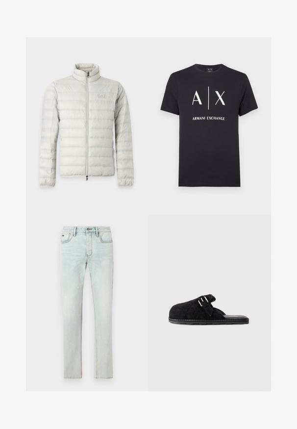 Hellgraue gesteppte Jacke mit komplettem Frontreißverschluss, Stehkragen, elastischen Bündchen und dezentem Logo auf der Brust.; Marineblaues Baumwoll-T-Shirt mit kurzen Ärmeln, das in der Mitte ein weiß gedrucktes Logo "A|X ARMANI EXCHANGE" und einen Rundhalsausschnitt aufweist.; Hellblaue Denim-Jeans mit geradem Schnitt, fünf Taschen und dezenten Used-Details, mit kontrastierenden Nähten und einem Knopfverschluss.; Schwarze, gesteppte Riemensandale mit leichtem Design, verstellbarem Riemen mit Schnalle und strukturiertem Sohlenboden für besseren Halt.