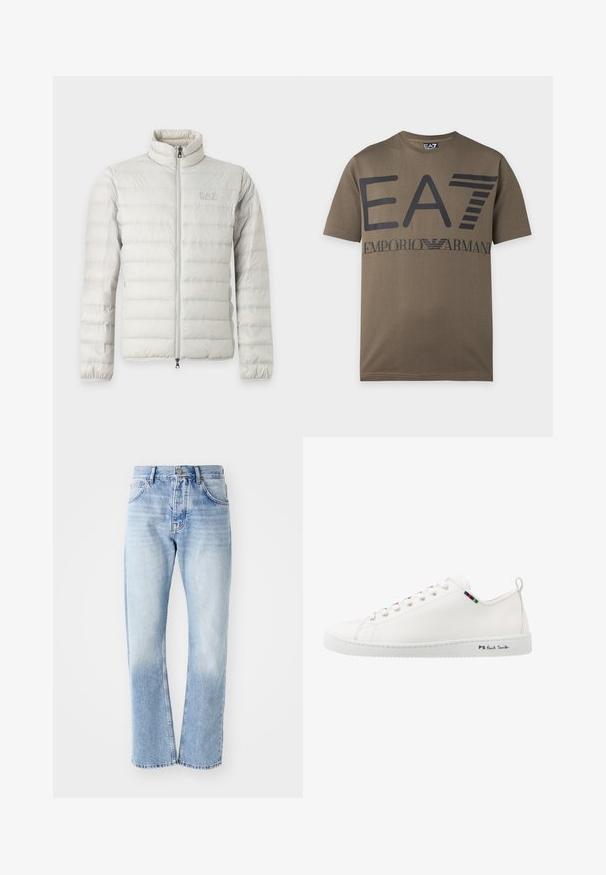Lichtgrijze doorgestikte jas met volledige voorrits, opstaande kraag, elastische manchetten en subtiel logo op de borst.; Bruine T-shirt met korte mouwen met groot zwart "EA7" en kleiner "EMPORIO ARMANI" logo op de borst.; Lichtblauwe denim jeans met een rechte pijp. Voorzien van een vijf-pocket ontwerp, knoopsluiting en een vervaagde textuur naar de onderkant.; Witte leren sneaker met een gladde textuur, ronde neus en contrasterende kleurstripedetails nabij de veters. Beschikt over een rubberen zool en merklogo aan de zijkant.