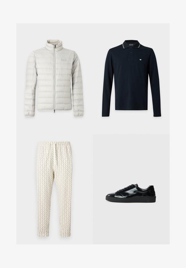 Lysegrå quiltet jakke med fuld lynlås foran, stående krave, elastiske manchetter og diskret logo på brystet.; Langærmet marineblå poloshirt med to knapper, hvidt logo på brystet og en krave med tynde hvide og beige striber.; Lys cremet joggingbukser med et gentaget brunt A-mønster over det hele, med elastisk taljebånd og justerbar snøre.; Sorte laklæder sneakers med rund tå, snørredesign, tekstureret gummisål og en glat overflade.