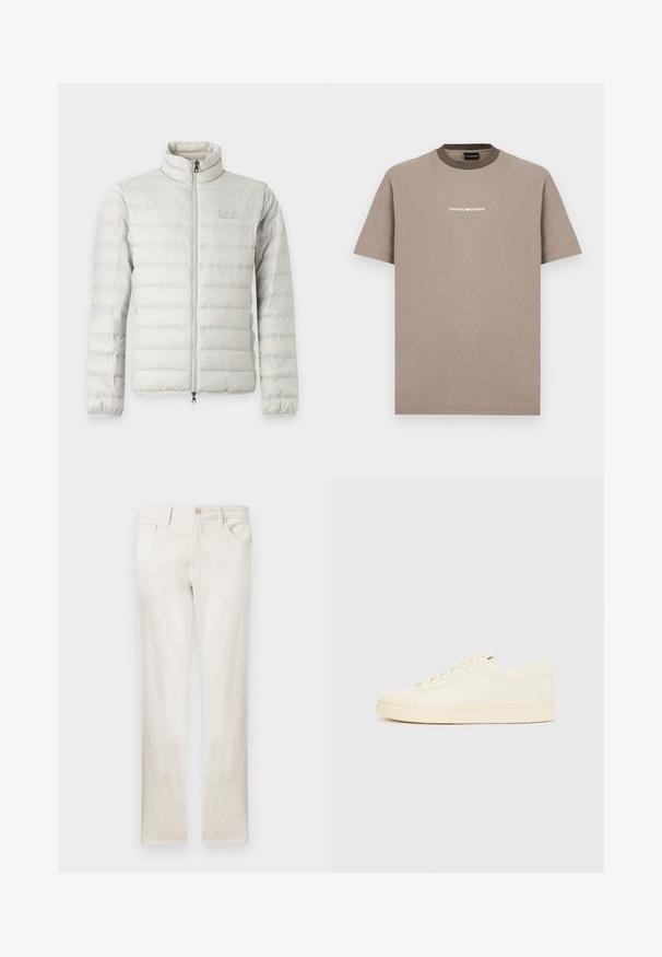 Veste matelassée gris clair avec fermeture éclair intégrale devant, col montant, poignets élastiques et logo discret sur la poitrine.; T-shirt en coton marron avec manches courtes et col rond. Présente un col marron foncé contrastant et un logo "EMPORIO ARMANI" blanc.; Jean en denim beige clair à coupe droite, dotés de poches avant, d'une fermeture à bouton et d'une texture subtile. Tissu lisse sans motifs.; Baskets couleur crème avec une tige en cuir lisse, bout arrondi, laçage à l'avant et semelle en caoutchouc texturée. Design minimaliste, sans logo.