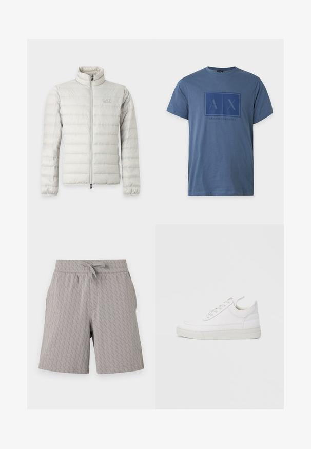 Veste matelassée gris clair avec fermeture éclair intégrale devant, col montant, poignets élastiques et logo discret sur la poitrine.; T-shirt bleu à manches courtes Armani Exchange avec col rond et logo A|X imprimé sur la poitrine dans une teinte bleu foncé.; Shorts gris clair avec un motif géométrique "A" subtil sur l'ensemble, taille élastique et cordon de serrage à l'avant.; Baskets en cuir blanc avec un embout arrondi, une semelle plate et un laçage à l'avant. Présentent des détails de couture et un col rembourré pour plus de confort.