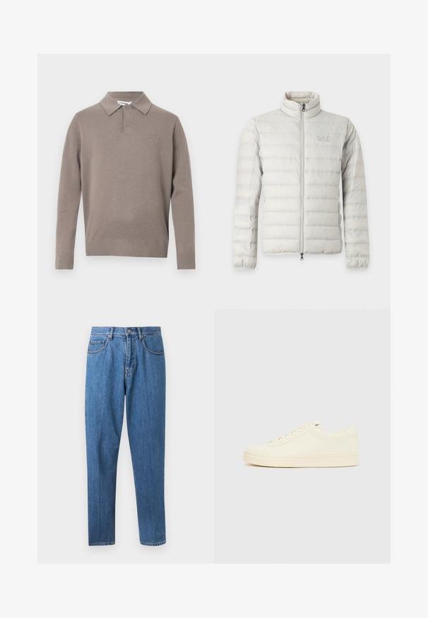 Veste matelassée gris clair avec fermeture éclair intégrale devant, col montant, poignets élastiques et logo discret sur la poitrine.; Pull polo gris en tricot avec col, deux boutons et poignets et ourlet côtelés, arborant un logo subtil sur la poitrine.; Jean droit en denim bleu avec fermeture à boutons et zip, poches avant et passants de ceinture, présenté sur fond blanc.; Baskets couleur crème avec une tige en cuir lisse, bout arrondi, laçage à l'avant et semelle en caoutchouc texturée. Design minimaliste, sans logo.