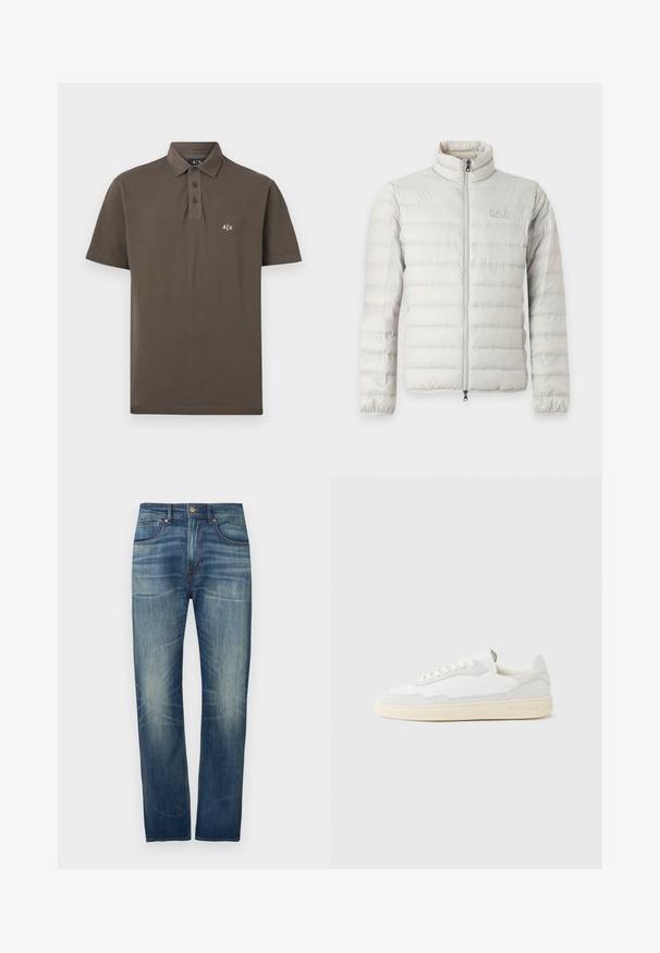 Veste matelassée gris clair avec fermeture éclair intégrale devant, col montant, poignets élastiques et logo discret sur la poitrine.; Polo marron à manches courtes avec trois boutons noirs et petit logo blanc A|X sur la poitrine gauche.; Jean en denim bleu foncé à coupe droite, avec un léger délavage, cinq poches et une fermeture par bouton à la taille.; Baskets blanches avec dessus en daim et cuir texturé. Caractérisées par un bout arrondi, une fermeture à lacets et une semelle en caoutchouc beige contrastante.