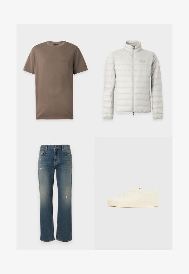 Veste matelassée gris clair avec fermeture éclair intégrale devant, col montant, poignets élastiques et logo discret sur la poitrine.; T-shirt marron à manches courtes et col rond avec petit logo embossé Armani Exchange sur la poitrine gauche sur fond blanc.; Jeans en denim bleu moyen avec une coupe droite, présentant des décolorations légères et des patches usés. Design classique à cinq poches et fermeture par bouton supérieur.; Baskets couleur crème avec une tige en cuir lisse, bout arrondi, laçage à l'avant et semelle en caoutchouc texturée. Design minimaliste, sans logo.