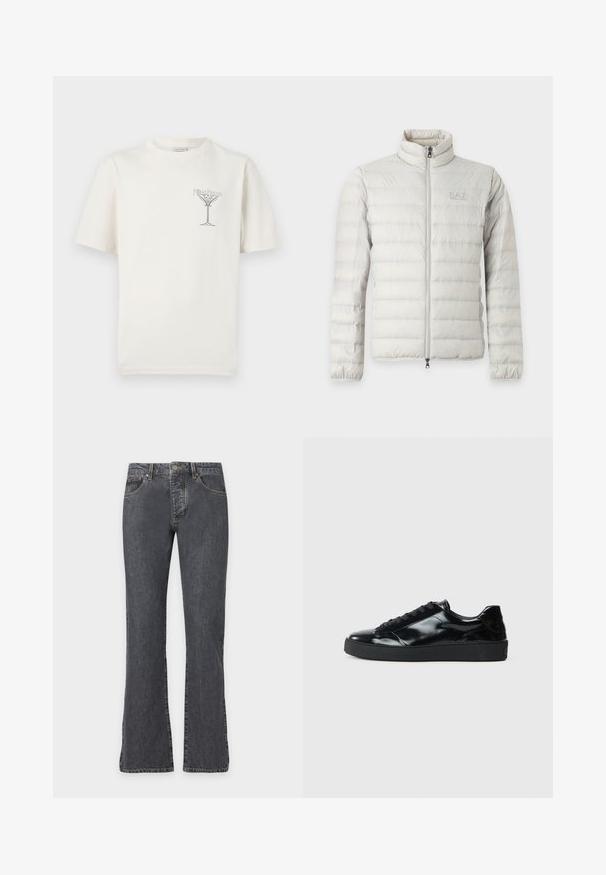 Veste matelassée gris clair avec fermeture éclair intégrale devant, col montant, poignets élastiques et logo discret sur la poitrine.; T-shirt en coton couleur crème avec manches courtes, col rond, et un design graphique avec un texte stylisé et un motif d'arbre abstrait.; Jean en denim noir délavé avec fermeture par bouton et zip, poches avant, passants pour ceinture et jambes légèrement évasées.; Baskets en cuir verni noir avec un bout arrondi, un laçage, une semelle en caoutchouc texturé et une finition lisse.