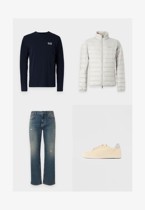 Hellgraue gesteppte Jacke mit komplettem Frontreißverschluss, Stehkragen, elastischen Bündchen und dezentem Logo auf der Brust.; Marineblaues Langarm-T-Shirt aus Baumwolle, mit Rundhalsausschnitt und kleinem weißen EA7-Logo auf der linken Brust. Angenehme, glatte Textur.; Dunkelblaue Denim-Jeans mit geradem Schnitt, die leichte Auswaschungen und abgenutzte Stellen aufweisen. Klassisches Fünf-Taschen-Design und Knopfverschluss.; Beiger Sneaker in niedrigem Design mit Schnürverschluss vorne, hellrosa Sohle und grauem Fersenlasche mit der Marke "Filling Pieces", seitlich auf neutralem Hintergrund gezeigt.