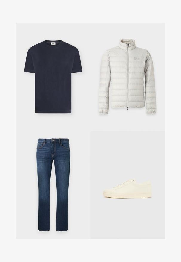 Veste matelassée gris clair avec fermeture éclair intégrale devant, col montant, poignets élastiques et logo discret sur la poitrine.; T-shirt uni bleu marine foncé à manches courtes et col rond avec une petite étiquette de marque blanche à l'intérieur du col sur un fond clair.; Jean en denim bleu foncé avec une coupe droite, un design à cinq poches et une fermeture à boutons à l'avant, présentant une légère décoloration sur les cuisses.; Baskets couleur crème avec une tige en cuir lisse, bout arrondi, laçage à l'avant et semelle en caoutchouc texturée. Design minimaliste, sans logo.