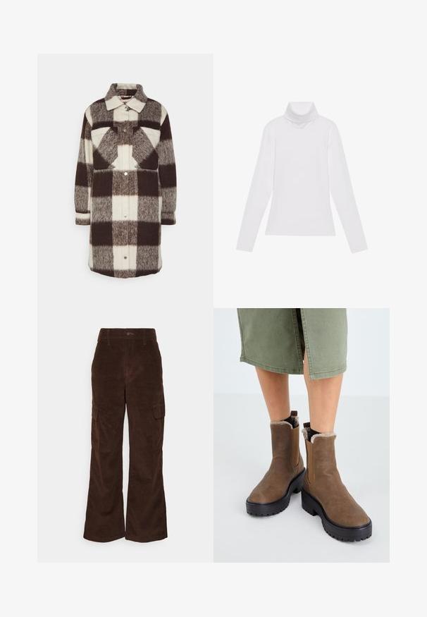 Abercrombie & Fitch WINTERIZED SHACKET - Klassikaline mantel - brown/white; Valge pikkade varrukate turtleneck-särk, mis on valmistatud siledast ja venivast kangast. Omab kõrget kraed ja keha lähedast lõiget, ilma nähtavate mustrite või kaunistusteta.; Hollister Co. Püksid - chicory; Pruunid nahast pahklööbid, millel on kummitald, pehme vooder ja elastsed külgpaneelid. Omavad madalat plokknina ja sileda tekstuuri.