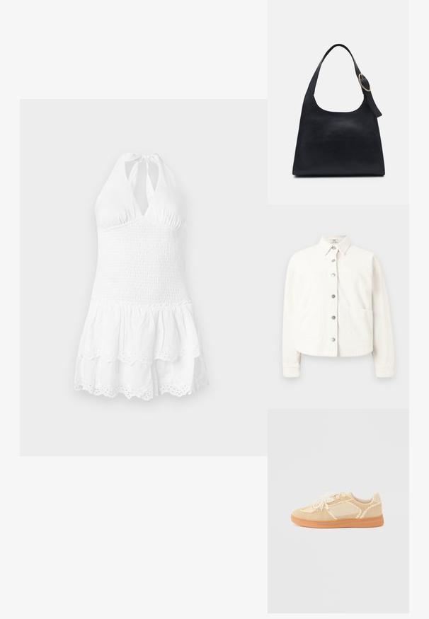 Hvid langærmet skjortejakke med knapper, krave og to store forlommer, vist mod en ensfarvet baggrund.; Hvid halterneck-kjole med en smocket bodice og lagdelt nederdel. Har en scalloped kant og øjelet detaljer nederst. Blød bomuldsstruktur.; Beige lavtop sneaker med snøre og sløjfe pyntet med perler på snørene, overdel i ruskind og stof samt lys brun gummisål.; Sort læder tote taske med en glat overflade, rund form og en enkelt skulderrem med et cirkulært guld hardware-ornament.