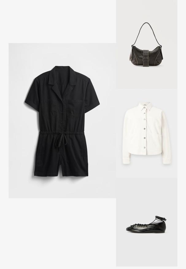Witte blouse met lange mouwen, knopen en kraag, met twee grote voorzakken, afgebeeld tegen een effen achtergrond.; Zwarte jumpsuit met korte mouwen van lichtgewicht stof, voorzien van een kraag, knopen aan de voorkant, twee borstzakken en een verstelbare taille met trekkoord.; Zwarte ballerina's van lakleer met een afgeronde neus, veterdesign en een platte zool. Glad oppervlak met minimale details.; Zwarte leren schoudertas met gespsluiting aan de riem, afgeronde hoeken en contrasterende witte stiksels op een effen achtergrond.