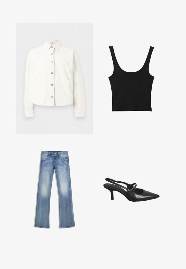Hvid langærmet skjortejakke med knapper, krave og to store forlommer, vist mod en ensfarvet baggrund.; Sort cropped tank top med brede skulderstropper, lavet i blødt materiale, med en glat tekstur og et minimalistisk design.; Lyseblå bootcut-jeans med falmet vask, fem lommer, bæltestropper og lukning med dobbelte knapper, lagt fladt ud på en hvid baggrund.; Sort læder slingback højhælet sko med spids tå og lille spænderem over toppen.