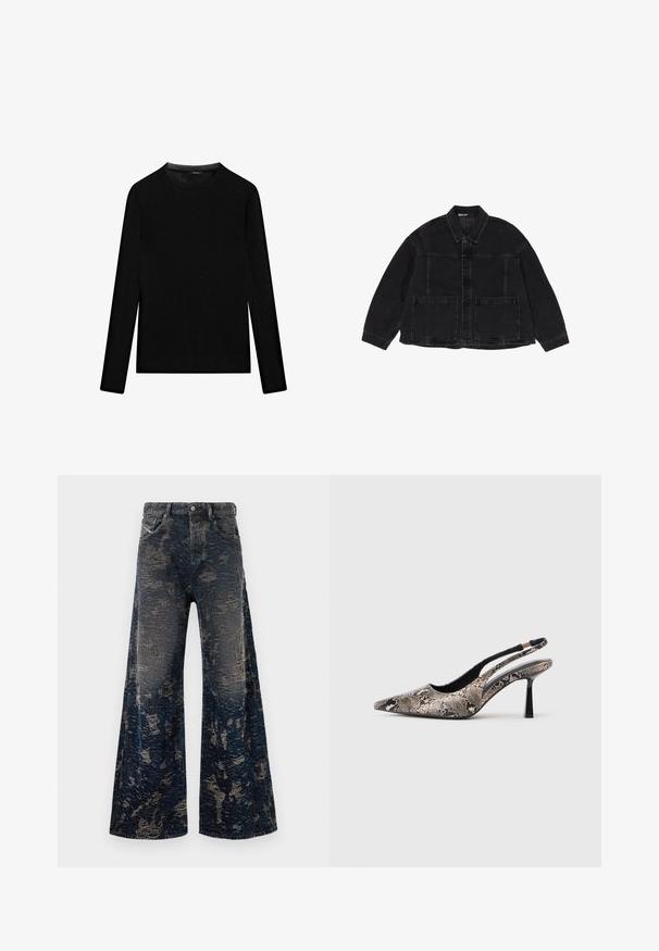 Veste en jean noire à manches longues, col pointu, fermeture à boutons sur le devant et deux grandes poches plaquées avant.; Chemise noire à manches longues avec col rond et coupe ajustée, présentée à plat sur un fond blanc.; Jeans larges bleu marine avec une texture délavée et usée, et un design classique à cinq poches.; Chaussures slingback à bout pointu en matériau à imprimé serpent texturé, avec un talon noir fin et un design découpé sur les côtés.