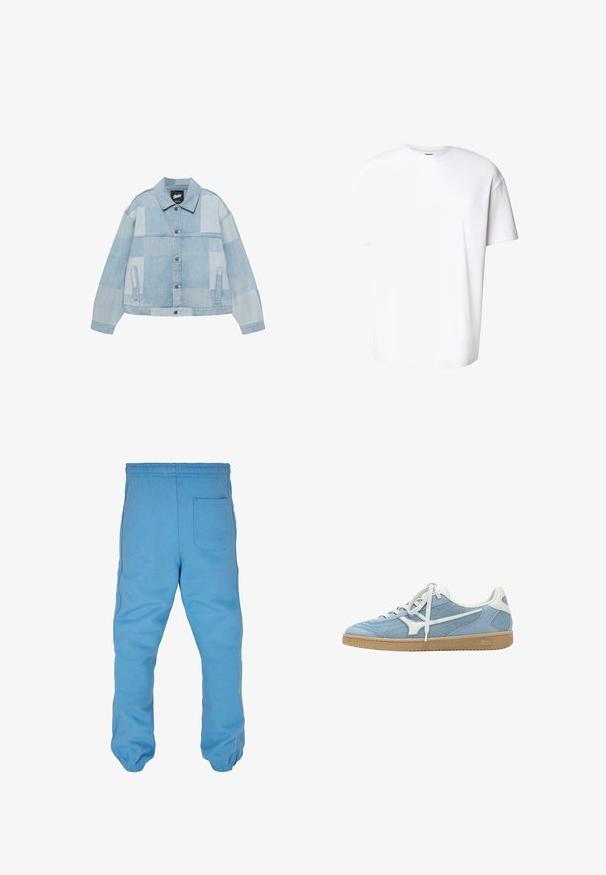 Lyseblå patchwork denimjakke med lange ærmer, knaplukning foran, to sidelommer og krave.; Hvid T-shirt med korte ærmer, rund halsudskæring og let struktureret stof, vist på en hvid baggrund.; Lyseblå sweatpants lavet af blødt bomuldsstof. Har en elastisk talje, tapered benmanchetter og en baglomme.; Lyseblå og hvide lave sneakers med mesh og ruskindsoverdel, hvide snørebånd og gummisål.