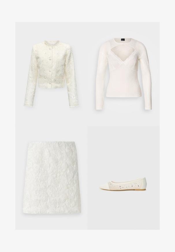 Veste courte couleur crème avec manches longues, col rond, fermeture par boutons, bordure discrète à franges et ornements en sequins.; Haut blanc à manches longues en dentelle avec un décolleté en V et une délicate bordure en dentelle le long de l'encolure. Comprend une fermeture à boutons au niveau du col.; Jupe mini blanche avec une surface texturée ornée de motifs floraux en relief ressemblant à des roses, fabriquée en tissu léger.; Mocassins à bout pointu en cuir crème avec un dessus transparent ornés de strass dispersés. Semelle douce pour le confort, design minimaliste.