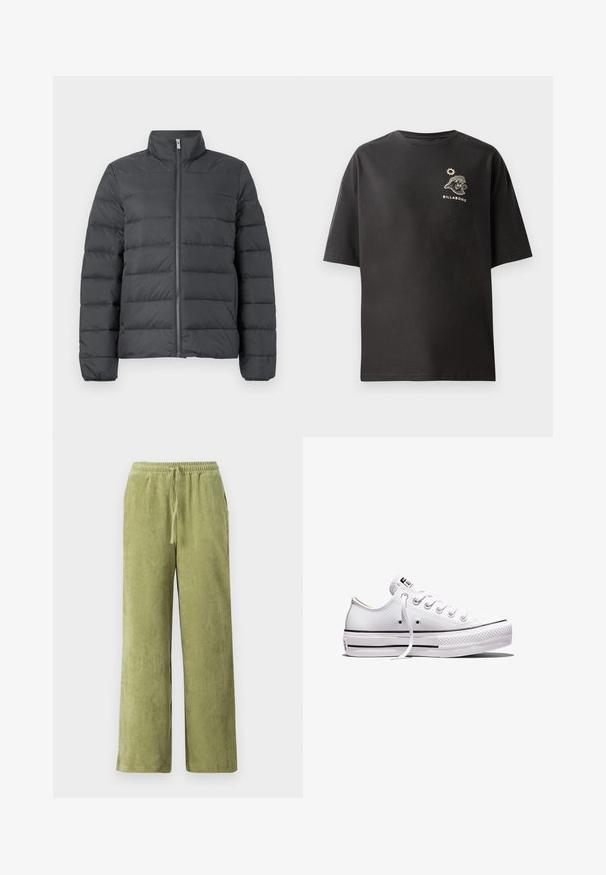 Dunkelgraue Daunenjacke mit hohem Kragen, durchgehendem Reißverschluss und horizontalem Stehmuster für zusätzliche Isolierung und Textur.; Schwarzes T-Shirt mit kurzen Ärmeln, das ein kleines weißes Billabong-Logo und eine Grafik auf der Brust zeigt. Hergestellt aus weichem Baumwollmaterial mit einem lässigen Schnitt.; Grüne Cord-Hosen mit weitem Bein, elastischem Bund und Kordelzug. Vertikale Rillen im Stoff schaffen Textur.; Weißer Sneaker aus Segeltuch mit niedrigem Schnitt, weißen Schnürsenkeln, Gummisohle, schwarzen Streifendetails und Logopatch auf der Zunge und Ferse.