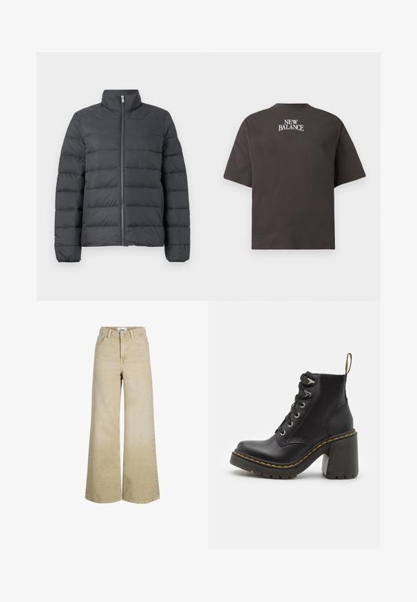 Pufjakke i mørkegrå med høj krave, fuld lynlås foran og horisontalt syet design for øget isolering og tekstur.; Kortærmet t-shirt i trækulgrå med "NEW BALANCE" trykt i hvid tekst centreret nær den øverste del af ryggen.; Beige højttaljede vidde-benet jeans med knap og lynlås foran, bæltestropper og forlommer.; Sorte læder ankelstøvler med en kraftig høj hæl, snørebånd foran, metaløjer og gule sting langs sålen. Tekstureret gummisål.