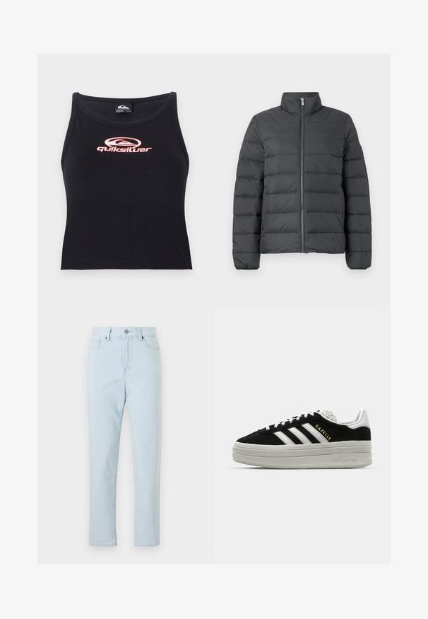 Pufjakke i mørkegrå med høj krave, fuld lynlås foran og horisontalt syet design for øget isolering og tekstur.; Sort udenærmet crop top lavet af blødt stof med et pink Quiksilver-logo centralt på brystet. Enkel design med rund udskæring.; Høj talje lys blå lige ben jeans med frontlommer, bæltestropper, knaplukning og synlige syninger ned ad benene.; Sort ruskind sneaker med hvide læderdetaljer, tre hvide striber, flade snørebånd og en tyk grå platformsål. Guldfarvet "Gazelle" branding.