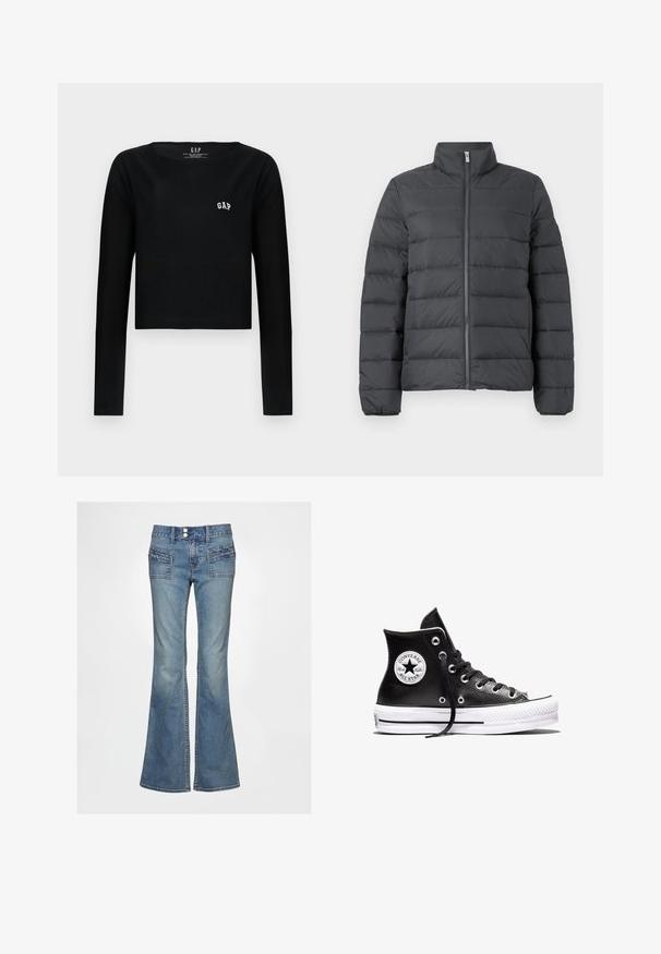Pufjakke i mørkegrå med høj krave, fuld lynlås foran og horisontalt syet design for øget isolering og tekstur.; Sort langærmet crop top i bomuld med rund halsudskæring og hvid broderet "GAP" logo på brystet. Glat tekstur.; Blå denimjeans med vidde i benene har høj talje, to forlommer med teksturerede detaljer og en traditionel knaplukning.; Sort højtliggende Converse Chuck Taylor All Star sneaker med hvid gummisål og logo-patch på anklen, vist på en hvid baggrund.