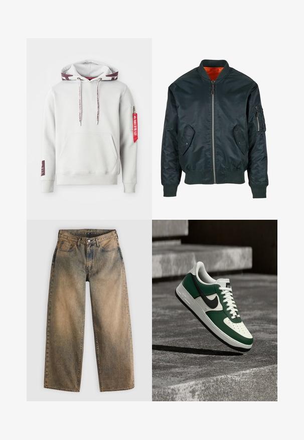 Brandit Bomberjakke - bottle green; Lys grå hættetrøje med en frontlomme, justerbare snøretræk og en sidelomme med lynlås, der har et rødt mærke. Ribstrikkede manchetter og kant.; Vide denim jeans i en falmet brun farve med en lys vask. Har det traditionelle design med fem lommer og synlige sømdetaljer.; Grønne og hvide Nike Air Force 1 sneakers med sort swoosh, svævende over en betonoverflade med slørede trapper i baggrunden.
