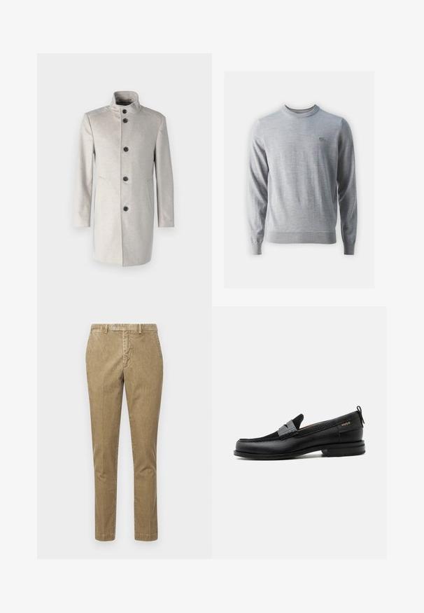 Manteau gris clair avec un col haut, comportant cinq boutons noirs, des poches latérales et une coupe droite dans un tissu doux.; Pull en maille gris avec des manches longues, un col rond et des poignets côtelés. Présente un petit logo brodé sur la poitrine gauche. Texture lisse.; Pantalon en velours côtelé beige avec une coupe droite, doté d'une fermeture à boutonnage et de poches avant. Texture lisse avec un motif côtelé visible.; Mocassin en cuir noir avec détail de bride grise, talon bas et semelle texturée, marqué "HUGO" en or sur le côté.