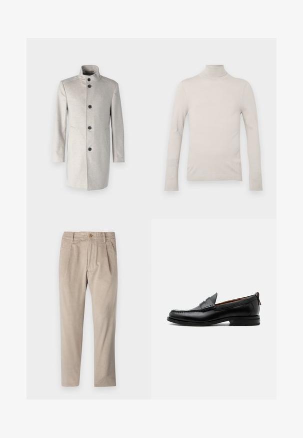 Lys grå frakke med høj krave, prydet med fem sorte knapper, sidelommer og en lige skæring i et blødt stof.; Lys beige turtleneck sweater lavet af glat stof, med lange ærmer og en figursyet design, samt en ribbet halsudskæring og manchetter.; Beige kordfløjspants med elastisk talje, knaplukning og plisseelementer, har et lige ben-design og struktureret stof.; Sort læder herre loafer med moc-tå syning, penny strop, struktureret krave og lav stablet hæl på hvid baggrund.