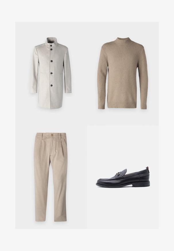 Lys grå frakke med høj krave, prydet med fem sorte knapper, sidelommer og en lige skæring i et blødt stof.; Beige striktrøje med en struktureret overflade, ribbenkrave og manchetter. Har lange ærmer og en lige kant for et klassisk design.; Beige kordfløjspants med elastisk talje, knaplukning og plisseelementer, har et lige ben-design og struktureret stof.; Sort lædermokasin med grå tekstureret forfod, sølvfarvet metalspænde, lav hæl og trækflap bagpå.