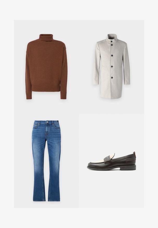 Abrigo gris claro con cuello alto, que presenta cinco botones negros, bolsillos laterales y un diseño recto en una tela suave.; Suéter de cuello alto marrón hecho de un material de punto suave. Presenta mangas largas y un dobladillo y puños acanalados para mayor textura y detalle.; Vaqueros acampanados de mezclilla en azul medio. Presentan un diseño de cinco bolsillos, detalles cosidos, un cierre de botón y una textura ligeramente desgastada en las piernas.; Mocasín para hombre de cuero marrón oscuro con panel de tela crema y detalle clásico de correa cosida, suela plana y asa en el talón.