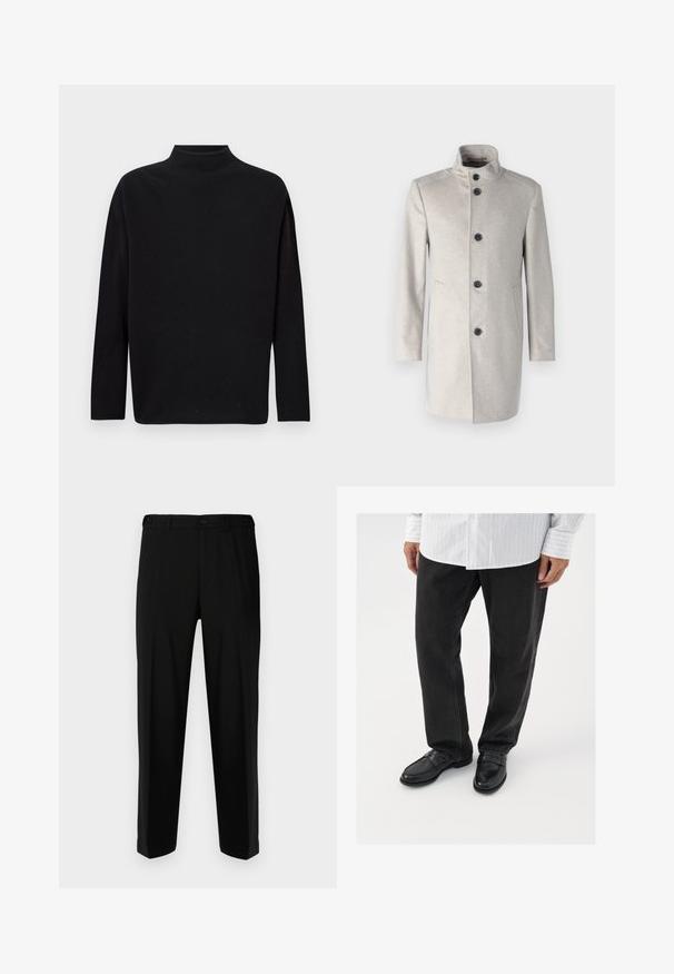 Lys grå frakke med høj krave, prydet med fem sorte knapper, sidelommer og en lige skæring i et blødt stof.; Sort turtleneck sweater, lavet af blødt strikket materiale, med lange ærmer, afslappet pasform og høj halsudskæring. Ingen synlige mønstre eller hardware.; Sorte bukser lavet af glat stof, med lige snit, to forlommer og lynlås med knaplukning.; Sorte denimbukser parret med skinnende sorte loafers. Skjorten er hvid med tynde lodrette striber, har lange ærmer og en knapkrave.