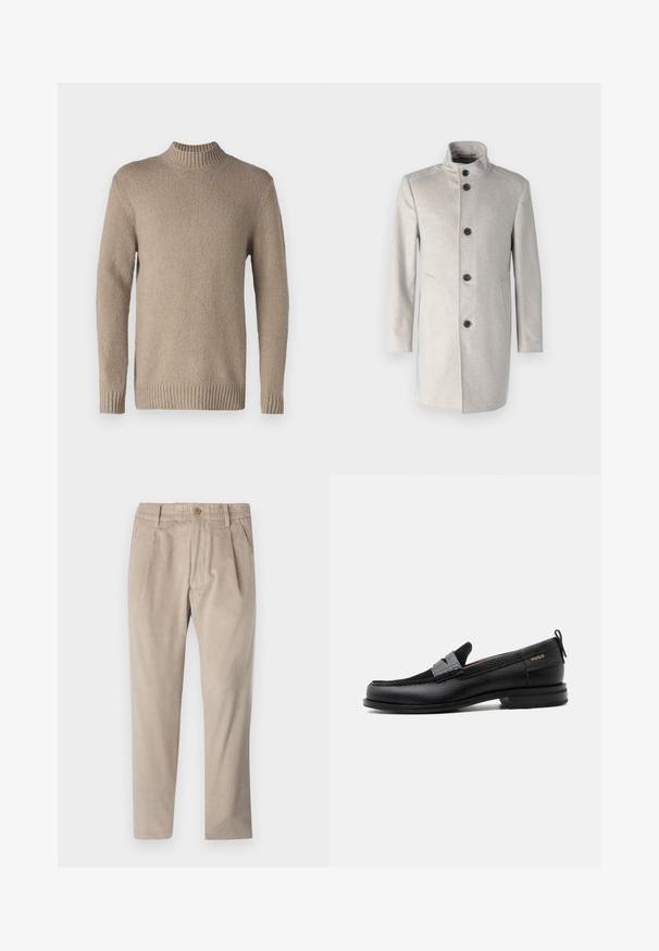 Abrigo gris claro con cuello alto, que presenta cinco botones negros, bolsillos laterales y un diseño recto en una tela suave.; Suéter de punto beige con una superficie texturizada, cuello y puños acanalados. Cuenta con mangas largas y un dobladillo recto para un diseño clásico.; Pantalones de pana beige con cintura elástica, cierre de botón y detalles de pinzas, que presentan un diseño de pierna recta y una textura en la tela.; Mocasín de cuero negro con detalle de tira gris, tacón bajo y suela texturizada, con la marca "HUGO" en oro en el lateral.