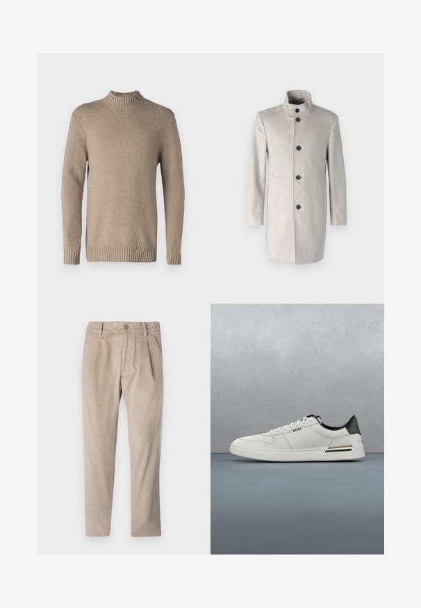 Manteau gris clair avec un col haut, comportant cinq boutons noirs, des poches latérales et une coupe droite dans un tissu doux.; Pull en tricot beige avec une surface texturée, un col et des bretelles côtelés. Doté de manches longues et d'un ourlet droit pour un design classique.; Pantalons en velours côtelé beige avec une taille élastique, fermeture à bouton et détails de plis, présentant un design à jambe droite et un tissu texturé.; Sneaker basse blanche avec talon noir, fermeture à lacets, perforations subtiles et logo "BOSS" sur le côté, vue depuis le profil extérieur.